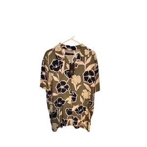 Trinity Coast Mens‎ Large Floral Rayon Short Sleeve Button Up Shirt Olive